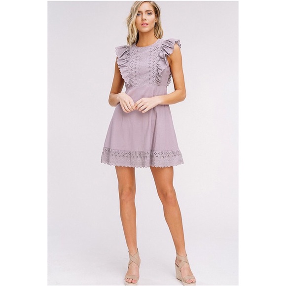 Mauve Embroider Eyelet Ruffle Sleeve Dress - Picture 2 of 7